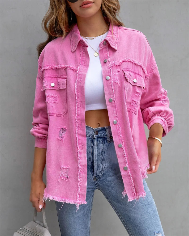 2025 Spring Autumn Shirt Style Denim Jacket Women Holes Raw-edges Jeancoat Casual Tops Female Oversize Loose Outerwear 7 Colors
