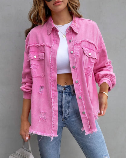 2025 Spring Autumn Shirt Style Denim Jacket Women Holes Raw-edges Jeancoat Casual Tops Female Oversize Loose Outerwear 7 Colors