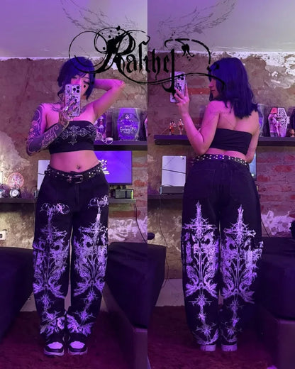 New Hip-hop Punk Harajuku Y2K Streetwear Trousers Women Goth Cross Print Baggy Jeans American Retro High Waist Wide-leg Pants