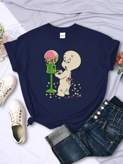 The Little Boy Likes Colored Glass Balls Women Short Sleeve Creative Street Tops Casual O-Neck Clothing All-math Female T-Shirts Dark Blue