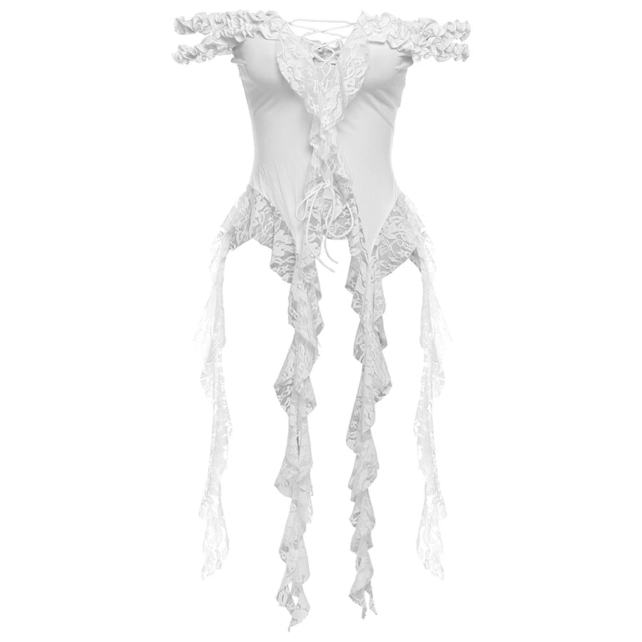 Sylcue Summer New Fashionable High Street Sweet Gentle Sexy Youth Girls Solid Color Shoulder Fringe Long Top WHITE