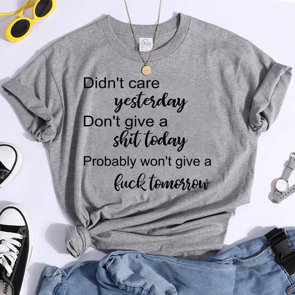 Hot Don't Care Yesterday Don't Give A Shit Today Printed T-Shirts for Women Summer Short Sleeve Tee Shirts Round Neck pk686-Gray