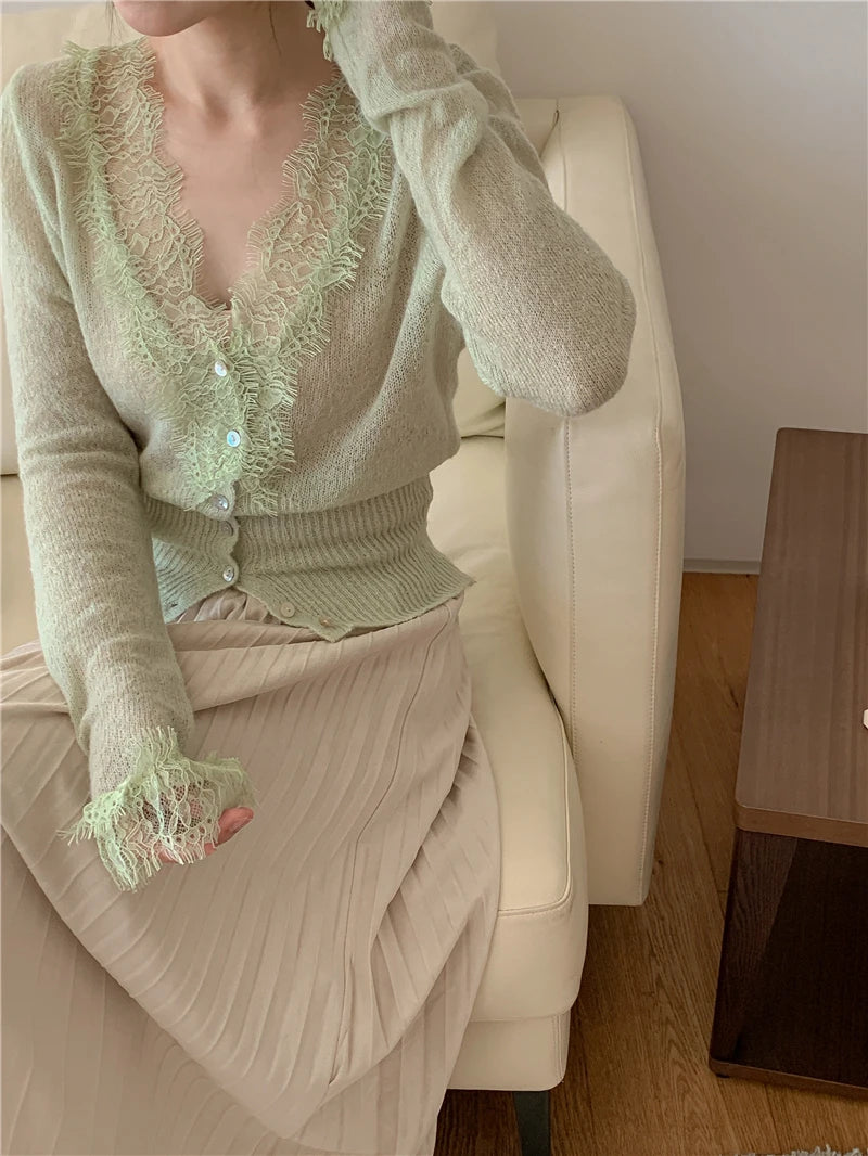 High-fashion Kawaii Botton Up Lace Patchwork Knitted Cardigan Women Autumn Winter Ladies Elegant Vintage Sweater Cheap Wholesale