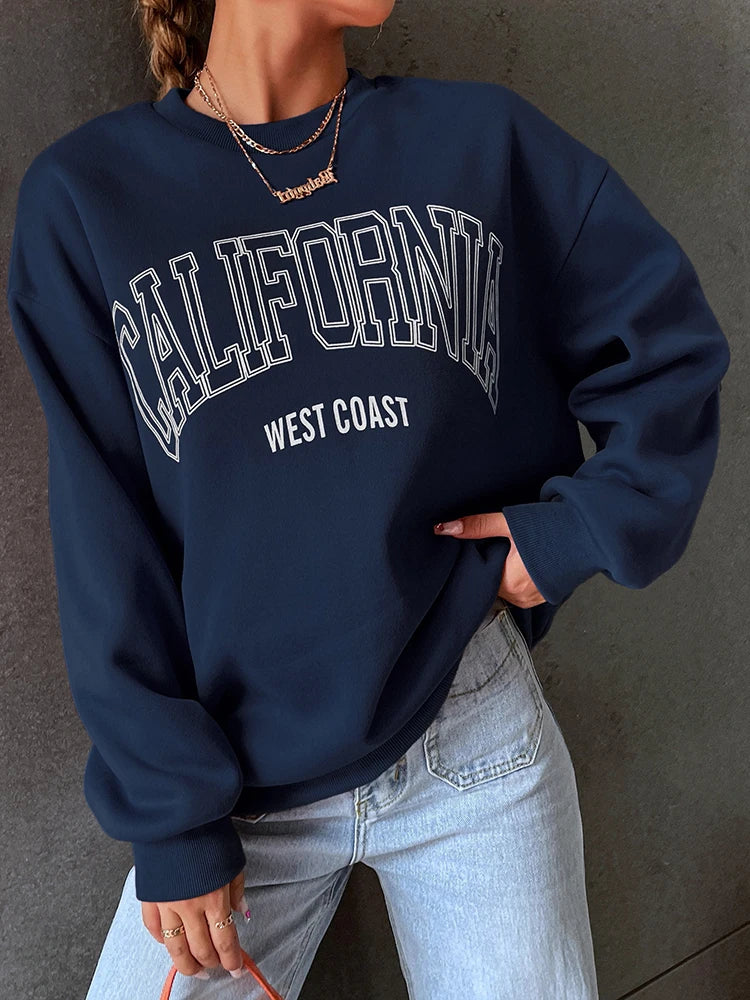 Korean Trend Woman Sweatshirts California West Coast Print Female hoodie Long Sleeves O-neck Pullovers Sporty and Rich Clothing Deep blue
