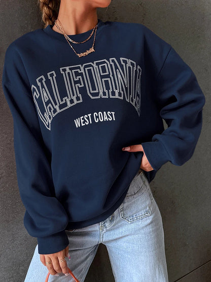 Korean Trend Woman Sweatshirts California West Coast Print Female hoodie Long Sleeves O-neck Pullovers Sporty and Rich Clothing Deep blue