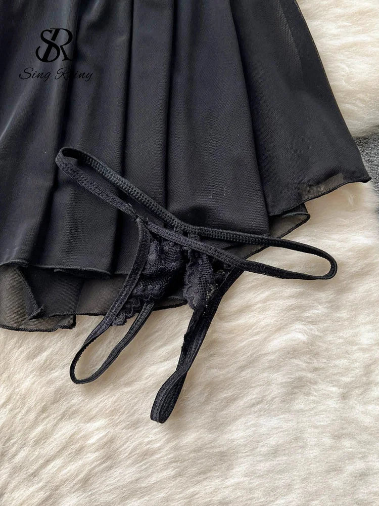 SINGREINY Transparent Lace Sexy Nightwear Sleeveless Slim Backless Short Dress Women Strap Floral Mesh Sheer Erotic Nightdress