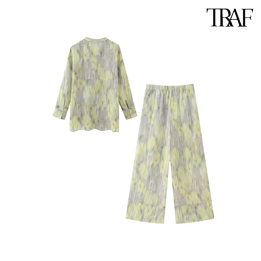 TRAF Women's single-breasted V-neck long-sleeved shirt Drawstring high-waisted wide-legged trousers Retro Printed Cotton Set