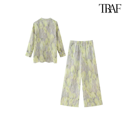 TRAF Women's single-breasted V-neck long-sleeved shirt Drawstring high-waisted wide-legged trousers Retro Printed Cotton Set