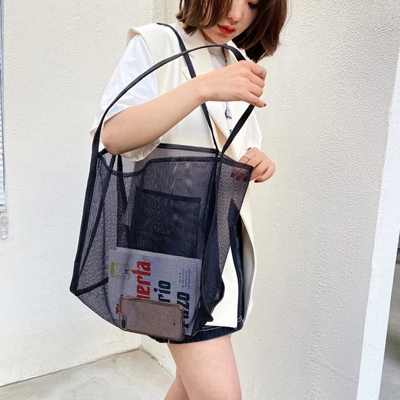 Summer Fashion Mesh Handbag Totes Hollow Out Shoulder Bags For Women Female Casual Fashion Large Capacity Shopping Pack