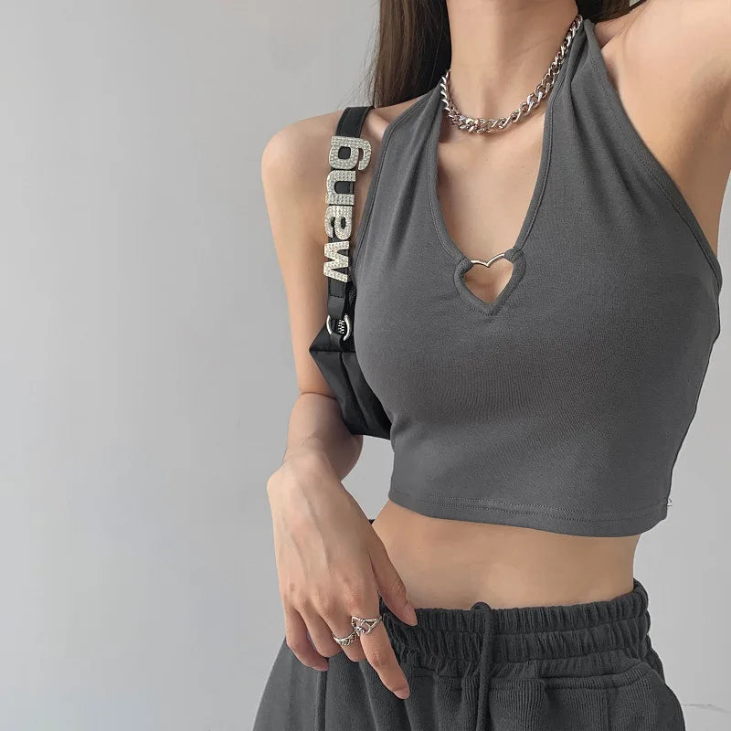 Women V Neck Hearted Hollow Out Halter Camis Tank Tops Summer Fashion Slim Cropped Lace Up Camisole Dark Grey One Size