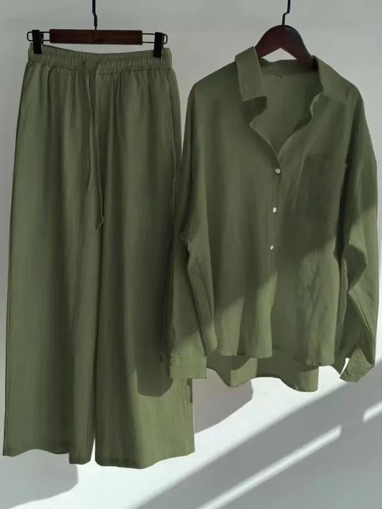Pants Set Women Shirts Wide Leg Elastic Waist Cotton Linen Casual Sets Elegant Loose Long Sleeve Lapel Spring Shirt Y2k Suit Army Green Set