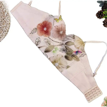 Flower Embroidery Bead Fish Bone Suspender Women Bra Sexy Exposed Waist Metal Buckle Top Party Vacation Female Tops 2025 Summer