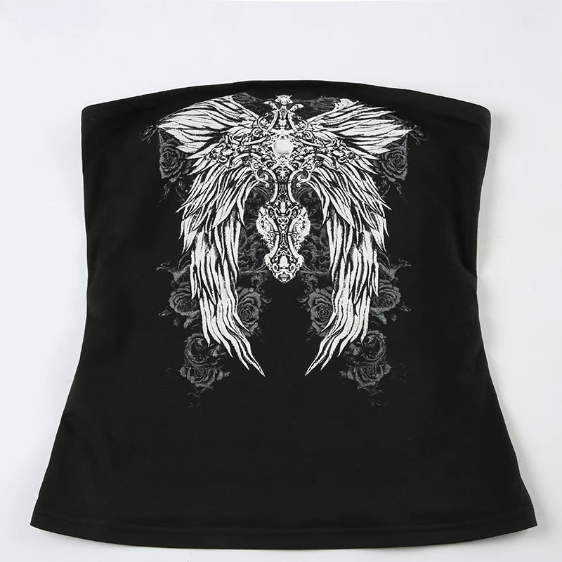 CIBBAR Gothic Print Black Tube Top Women Strapless Skinny Cropped Tops Summer Casual Chic Graphic Tees y2k Streetwear Vest Basic