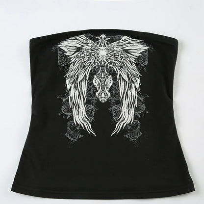 CIBBAR Gothic Print Black Tube Top Women Strapless Skinny Cropped Tops Summer Casual Chic Graphic Tees y2k Streetwear Vest Basic