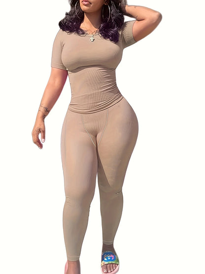 New style Lounge Wear Ribbed Casual 2 Piece Summer Shorts Set For Women Sleeve Top+Elastic Leggings Outfits Khaki