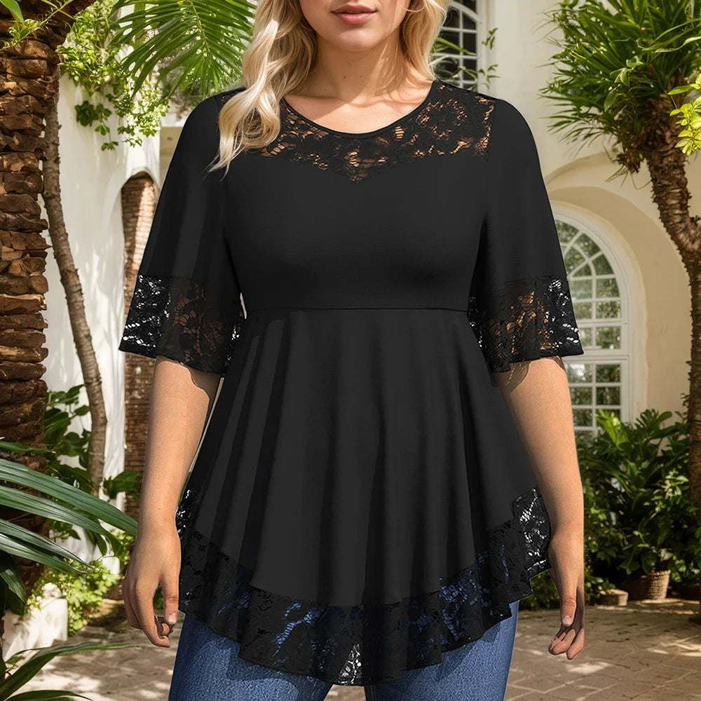 Plus Size Elegant Blouse Women Lace Patchwork Hollow Out Crew Neck Mesh Short Sleeve Office Lady Loose Ruffle Hem Female Blouses