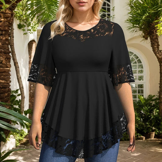 Plus Size Elegant Blouse Women Lace Patchwork Hollow Out Crew Neck Mesh Short Sleeve Office Lady Loose Ruffle Hem Female Blouses
