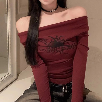 Gothic Print Grunge T-Shirts Women Long Sleeve Off the Shoulders Tops Y2K Clothes Streetwear Shirt Korean Style Vintage Crop Top