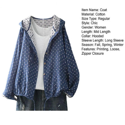 Women Spring Autumn Coat Hooded Drawstring Hem Long Sleeve Printing Loose Zipper Closure Jacket with Pockets Daily Wear Commutin