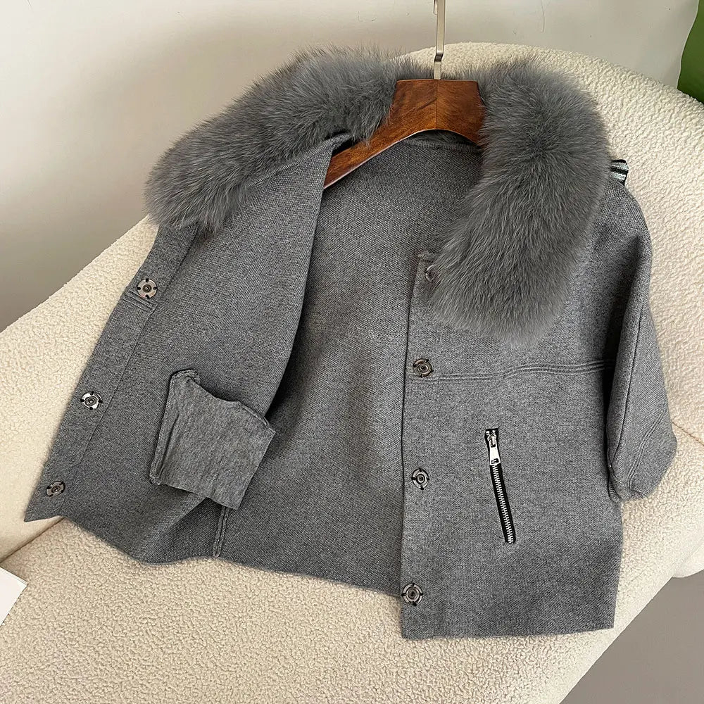 FURYOURSELF 2025 New Real Fox Raccoon Fur Collar Coat Knitted Sweater Women Short Sleeve Jacket Thick Warm Outerwear streetwear
