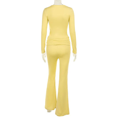 Fashion Soild Women's Set Long Sleeve Yellow U Neck Shirt and Flared Pants 2024 Elegant Tracksuits Two 2 Piece Set Outfits