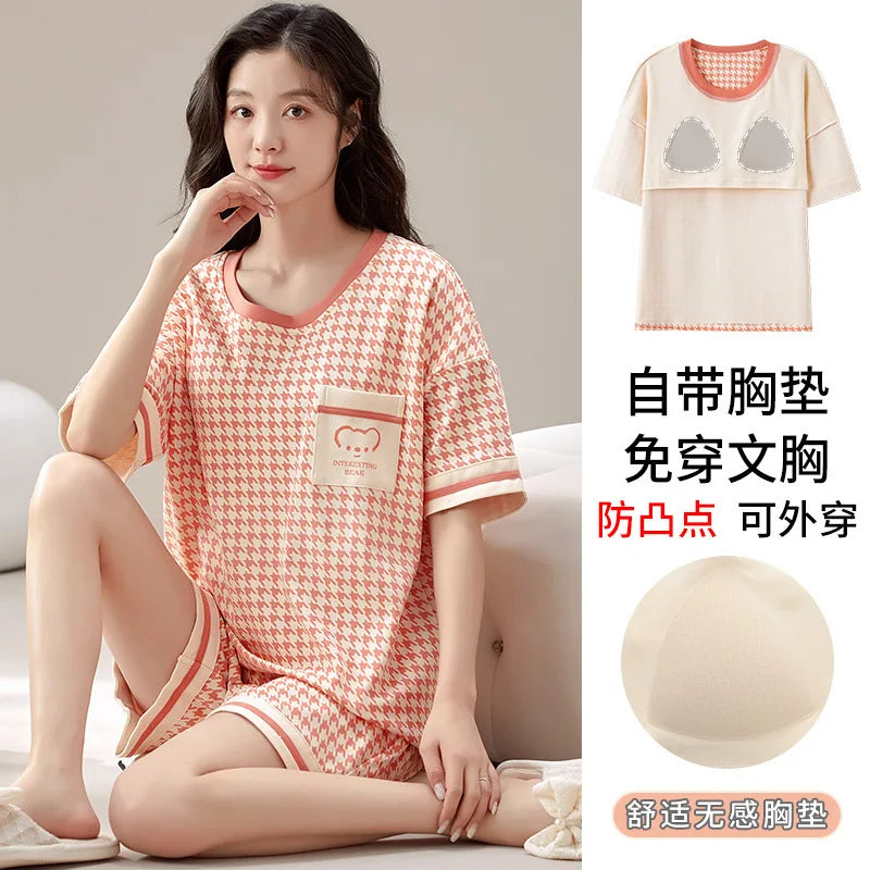 Summer 100% Cotton Women's Pajamas With Padded Bra Sweet Princess Cartoon Comfortable Short Sleeve Shorts Pajama Sets D1045 CHINA