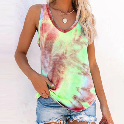 2024 cross-border women's summer new tie-dye cloud sunflower sleeveless vest T-shirt Turquoise