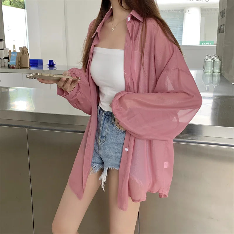 Semi Sheer Long Sleeve Shirt for Women Shimmer Button Down Collared Plain Lightweight Shirt Spring Summer Chic Tops Outfit