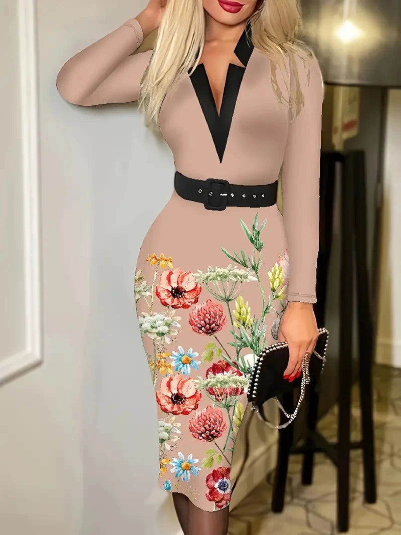 Allover Print V Neck Pencil Dress,Elegant Long SleeveBelt Dress Women's Clothing Badiee Stylez