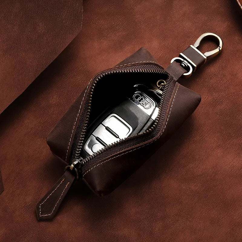 Genuine Leather Zipper Car Key Case Coin Purse Wallet with Key Car Smart Change Purse Coin Pouch Keychain Holder for Men Women