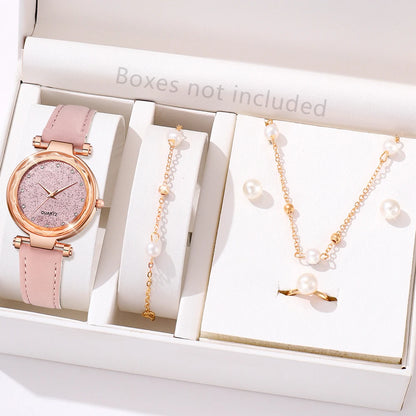 6PCS/Set Red Women's Watch With Minimalist Elements Dial Quartz Watch Latex Strap Cherry Elements Jewelry Set Girl's Gift Badiee Stylez