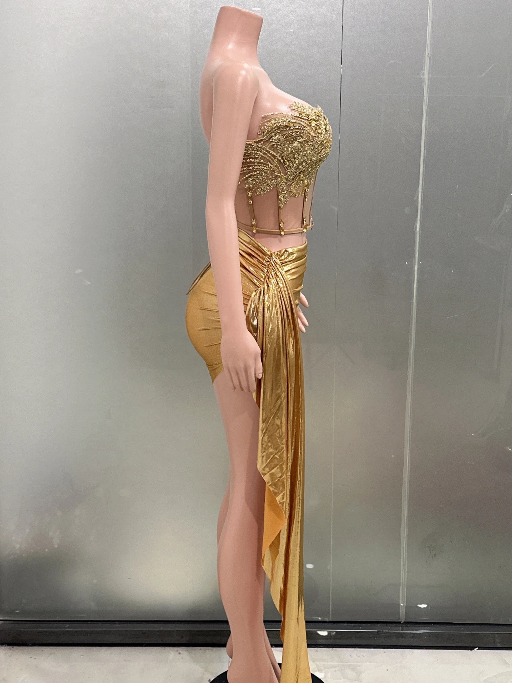 Gold Color Women Sexy 2 Pieces Strapless Bodycon Mini Dress Bar Singer Nightclub Party Celebrate Birthday Dress Wholesale