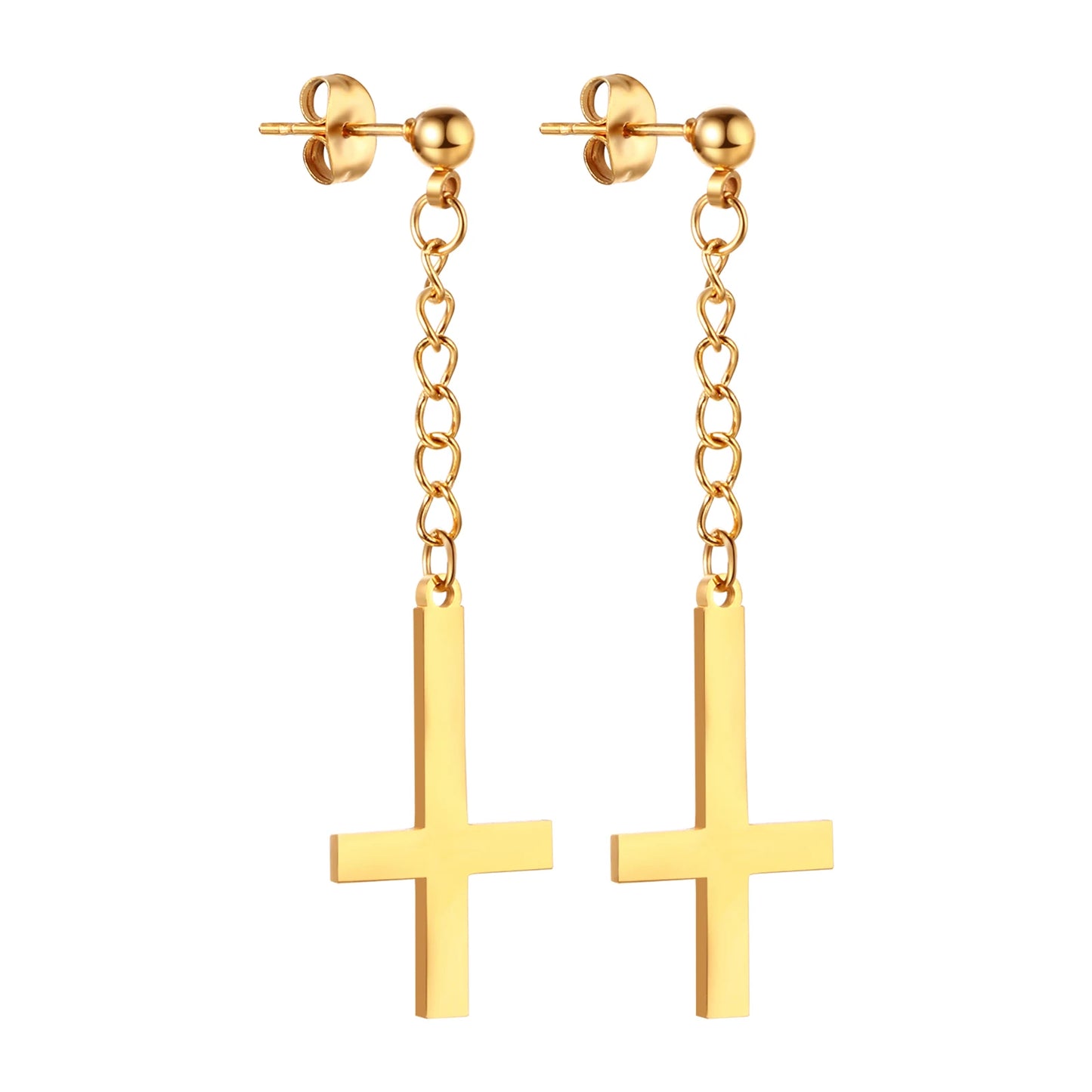 BONISKISS Men Women Stainless Steel Inverted Upside Down Cross Earring Church of Satan Temple Occult Satanic Witchy Stud Jewelry Long Cross Golden