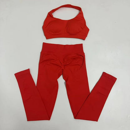 No Logo Yoga Legging Sets for Women Seamless Yoga Set Scrunch Butt Legging Set Workout Gym Suit with Halter Crop Top Badiee Stylez