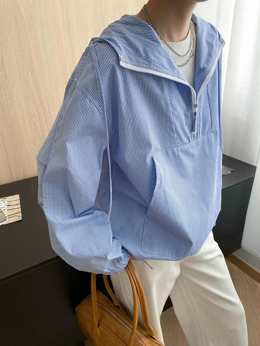 Plaid Shirt Women Fall Japanese Blue Striped Hooded Overshirt Y2K Casual Long Sleeve Pullover Blouse Loose Fit Streetwear Coat