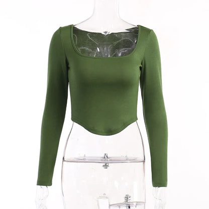 Square Collar Long Sleeve Casual Women T Shirts Green Autumn Skinny Sexy Solid Basic Crop Tops Fashion Streetwear