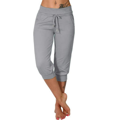 Classic Solid Color Jogging Pants Women Cotton Linen Capris Trousers Bandage Double Pocket Pants Summer Beach Vacation Wear Gray
