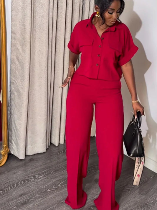 Women's Two-piece Set Spring Summer New Style Lapel Short-sleeved Shirt High Waist Wide Leg Trousers Casual Suit Women Clothing