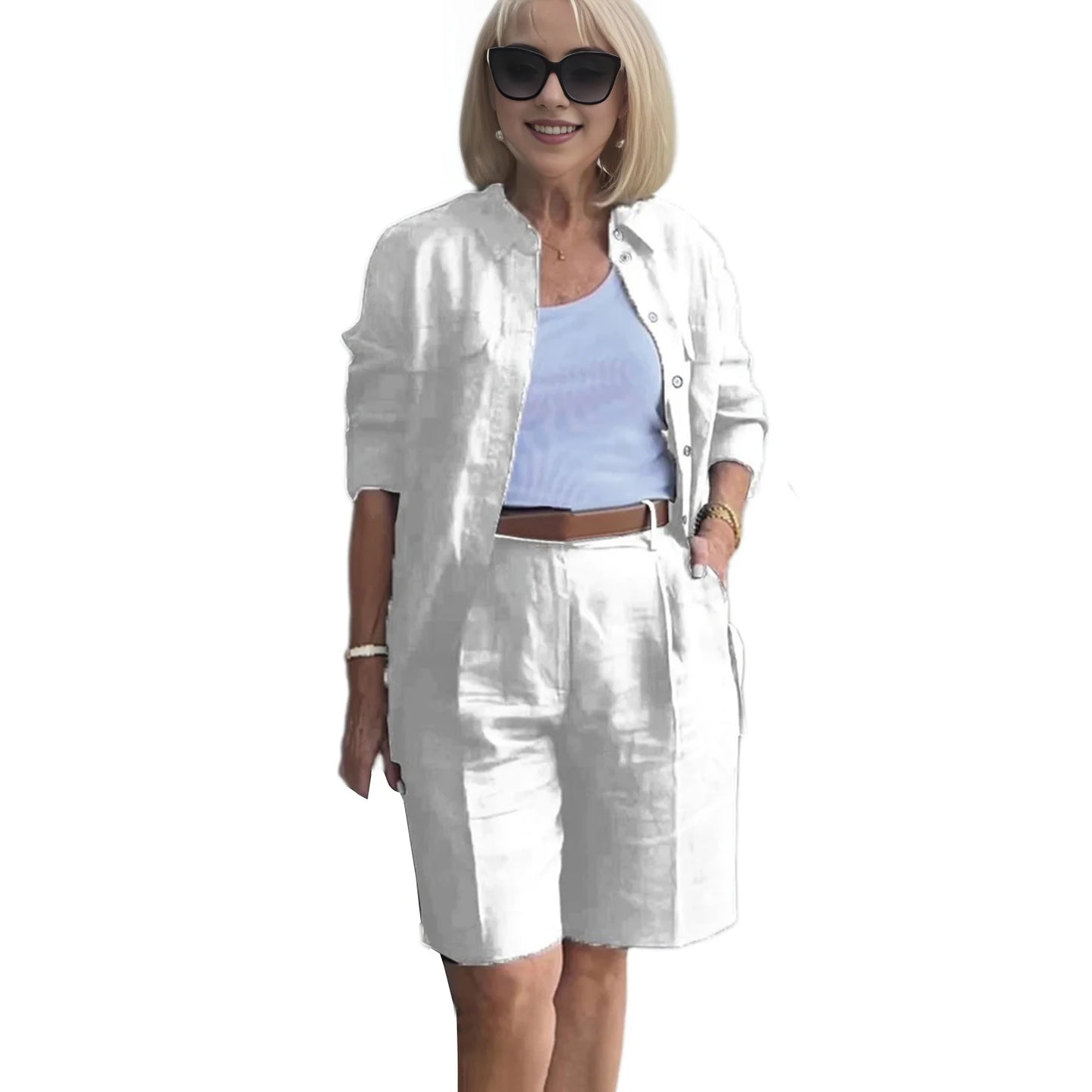 Formal Shorts Suit Knee Length Pants Lady Business Outfit Cardigan Plus Size Lady Coat Shorts Set Daily Wear White 1