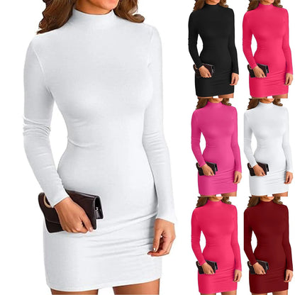 Sexy Bodycon Long Sleeve Mini Dress Stretchy Mock Neck Tight Dresses Fashion Solid Color Slim Fitting Clubwear Costume For Lady