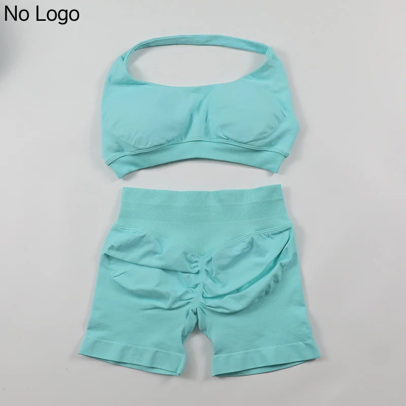 Fitness Shorts Sets Seamless Yoga Set Women 2Pcs Halter Sports Bra Scrunch Butt Gym Shorts Set Workout Clothes Summer Sportswear Badiee Stylez