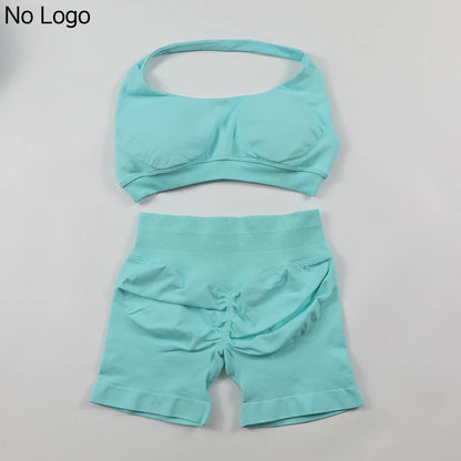 Fitness Shorts Sets Seamless Yoga Set Women 2Pcs Halter Sports Bra Scrunch Butt Gym Shorts Set Workout Clothes Summer Sportswear Badiee Stylez