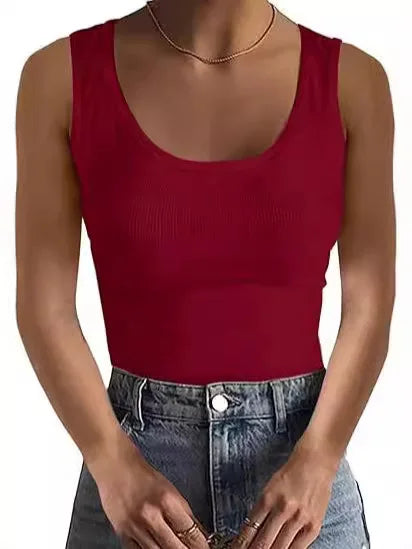 Summer Women's Vest Slim Fit Elastic Fashion Thread Basic Pullover Simple Versatile Square Collar Sleeveless T-shirt Claret