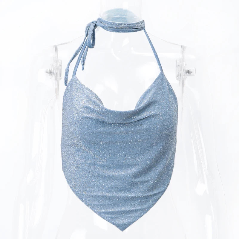 Xeemilo Y2K Shinny Backless Tank Top Sexy Deep V-neck Bandage Halter Crop Tops Aesthetic Irregular Shape Skinny Slim Women Camis