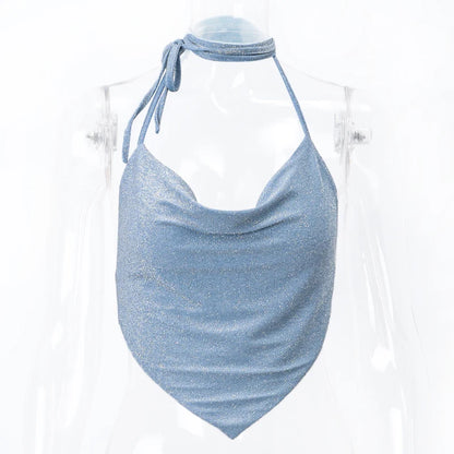 Xeemilo Y2K Shinny Backless Tank Top Sexy Deep V-neck Bandage Halter Crop Tops Aesthetic Irregular Shape Skinny Slim Women Camis