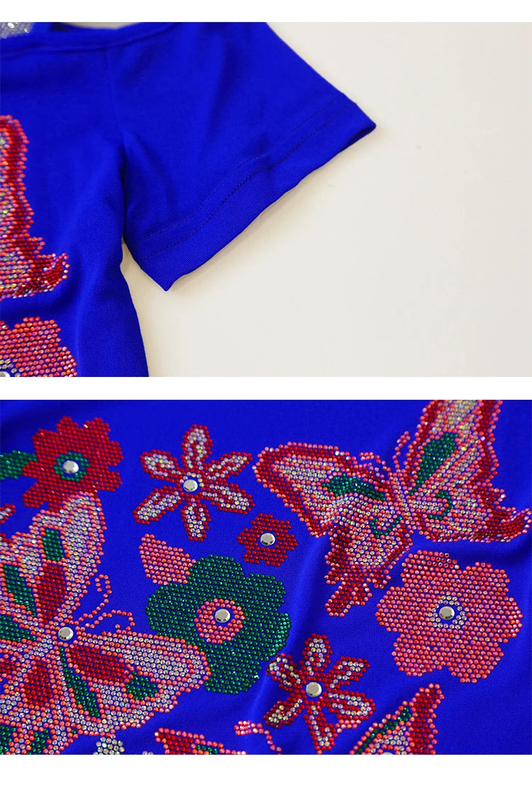 New Arrival Summer European Clothes Women's T-Shirts Chic Luxury Butterfly Hot Diamonds Tees Sexy Girl Slim Streetwear Tops