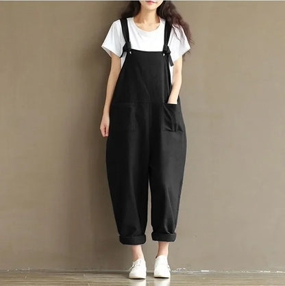 Women's Solid Color Simple Suspender Jumpsuit Sanded Cotton Pocket Loose Suspender Casual Pants Daily Commuter Wear S-3XL Badiee Stylez