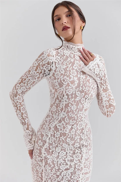 Mozision Lace Long Sleeve Sexy Midi Dress For Women Elegant White Half High Collar High Waist Bodycon Club Party Sexy Long Dress
