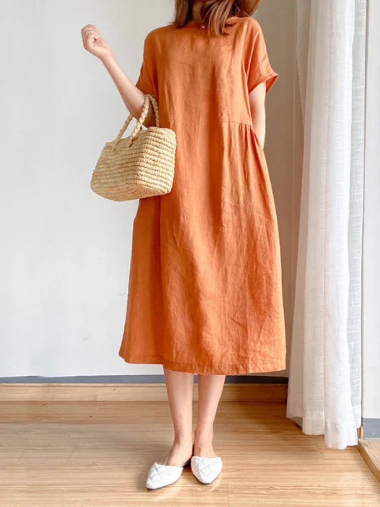New in Spring Summer Women's Dress Elegant Casual Loose Short Sleeve Tops A-LINE Oversize Solid Midi Dresses for Women Clothing Badiee Stylez