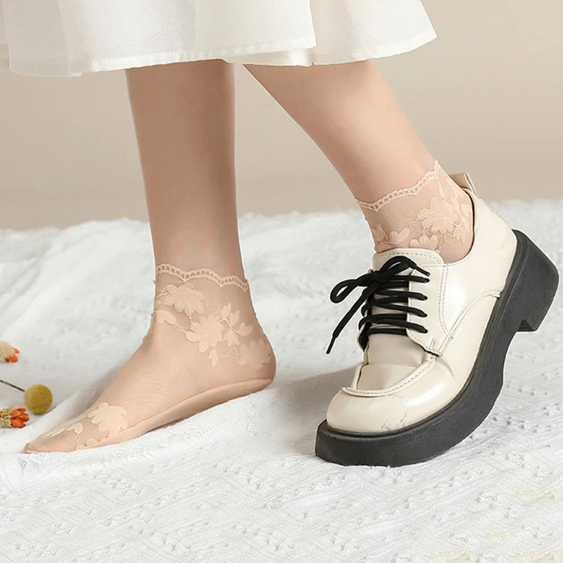 5 Pairs/Lot Socks women's Lace Transparent Lolita Invisible Summer Thin Non-slip Short Ankle Black Low Cut Boat Sock